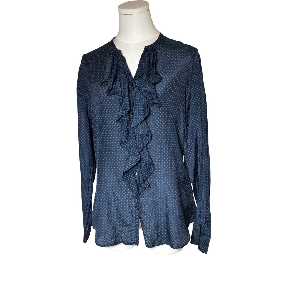 Gap Polka Dot Ruffle Blouse Navy Cotton Silk Size L